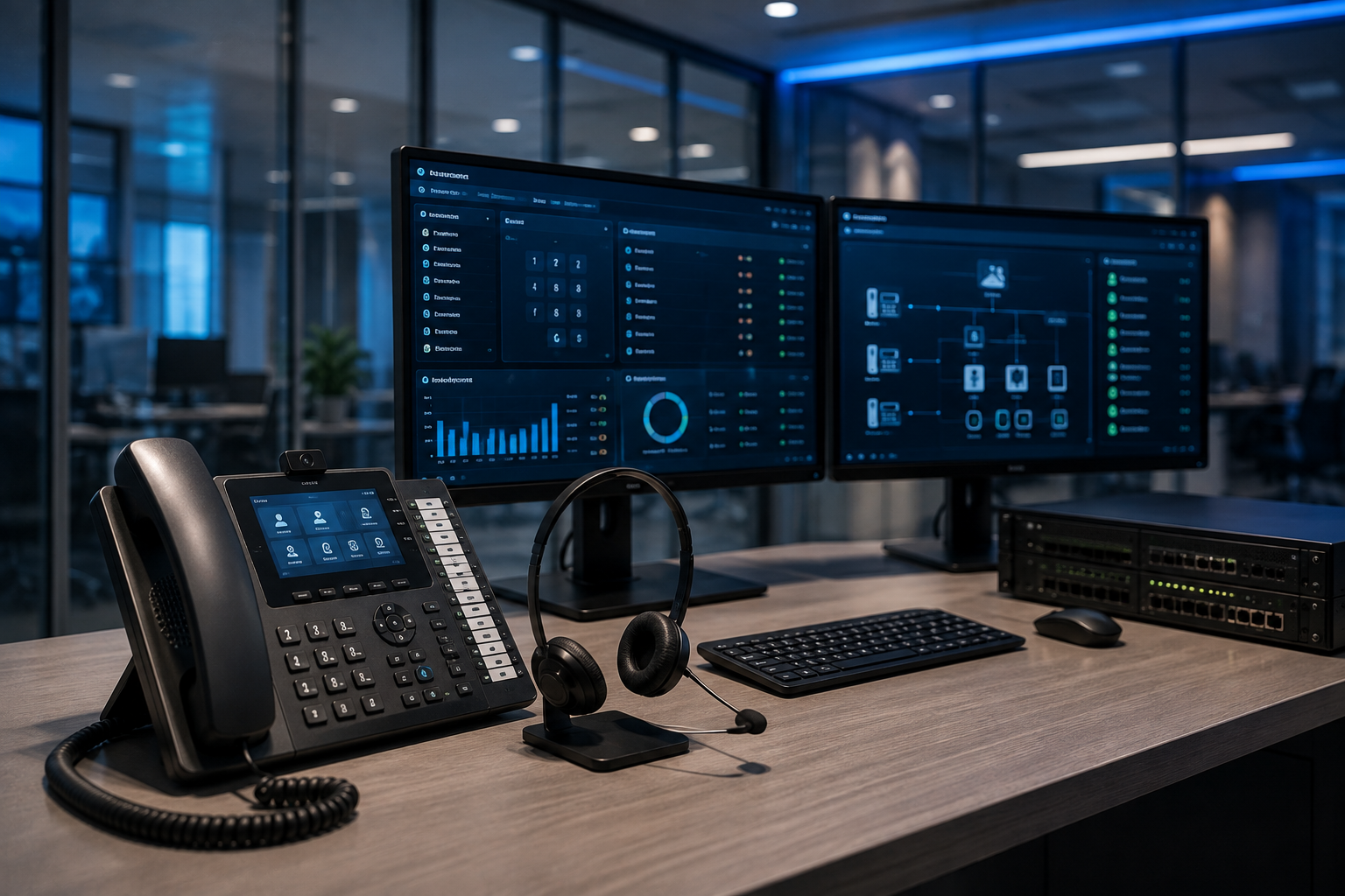 EPABX communication desk with IP phone, headset, and network switch